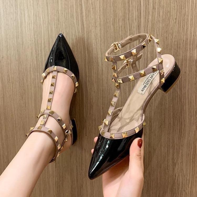 Baotou Niche French Sandals 2025 New Summer Flat Bottom Pointed Soft Sole Low Heel Black Rivet Women's Shoes