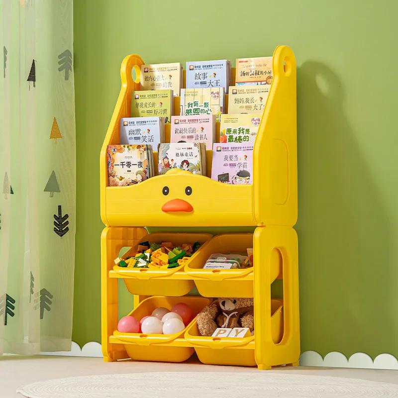 Porte-présentoir d'atterrissage pour livres illustrés mobile monté au sol pour enfants, Étagère de rangement de livres multicouches de grande capacité et tabouret mignon