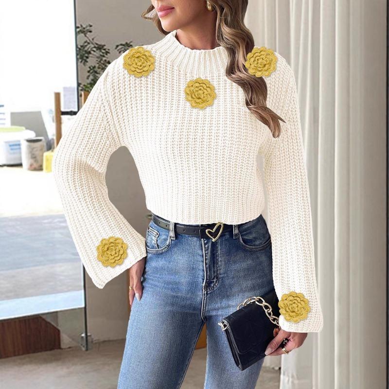 Women's Short Navel Top Knitted Sweater Autumn and Winter Hand Hooked Flared Sleeve Half Turtleneck Pullover Sweater