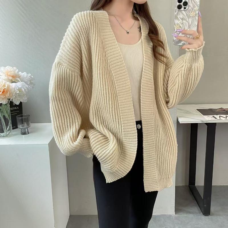 Chic Loose Casual Mid Length Knitted Cardigan Sweater Women Autumn and Winter V Neck Warm Women Sweaters Jacket Elegant Vintage Solid Cardigans 25250