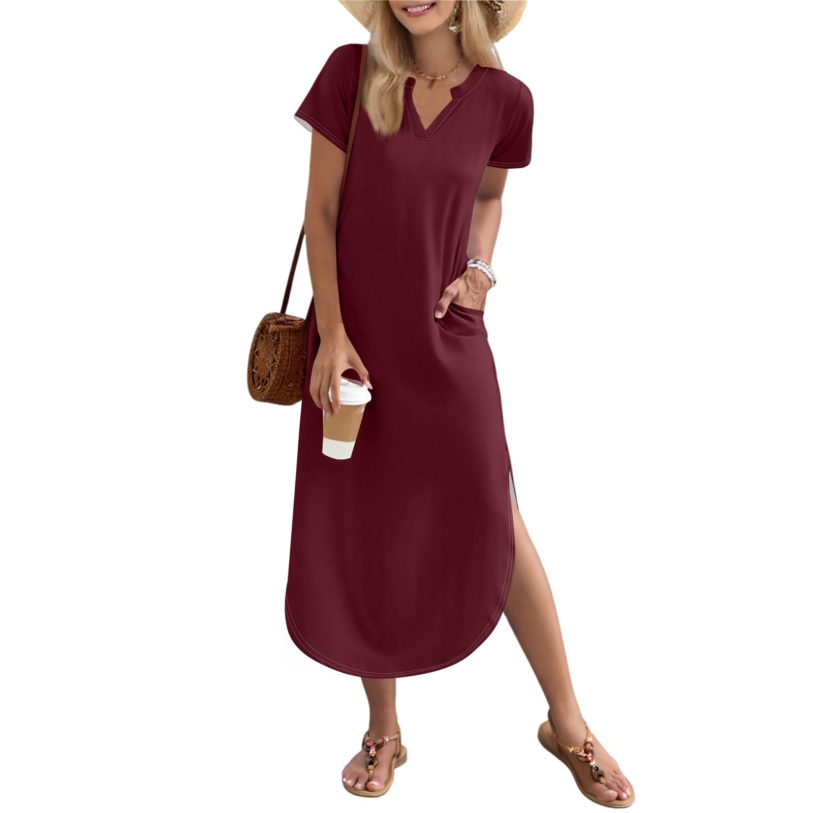 

Женское длинное платье-рубашка с V-образным вырезом, повседневное, с коротким рукавом и свободным разрезом L