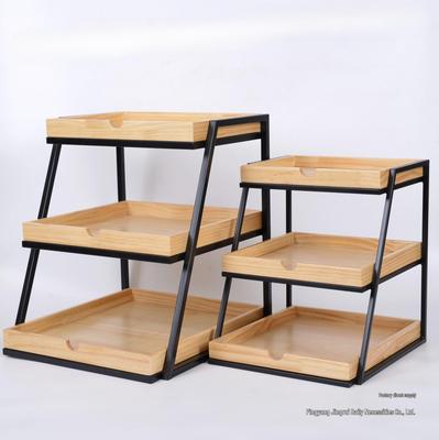 Three-Tier Pine Wood and Iron Display Rack for Bread, Cake, Pastry, and Fruit
