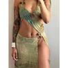 Aesthetic Printed Two Piece Set Women Halter Bandage Irregular Camis+High Side Split Maxi Skirts Female Vacation Outfits