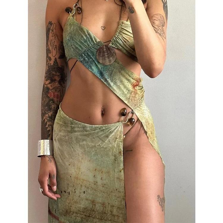 Aesthetic Printed Two Piece Set Women Halter Bandage Irregular Camis+High Side Split Maxi Skirts Female Vacation Outfits