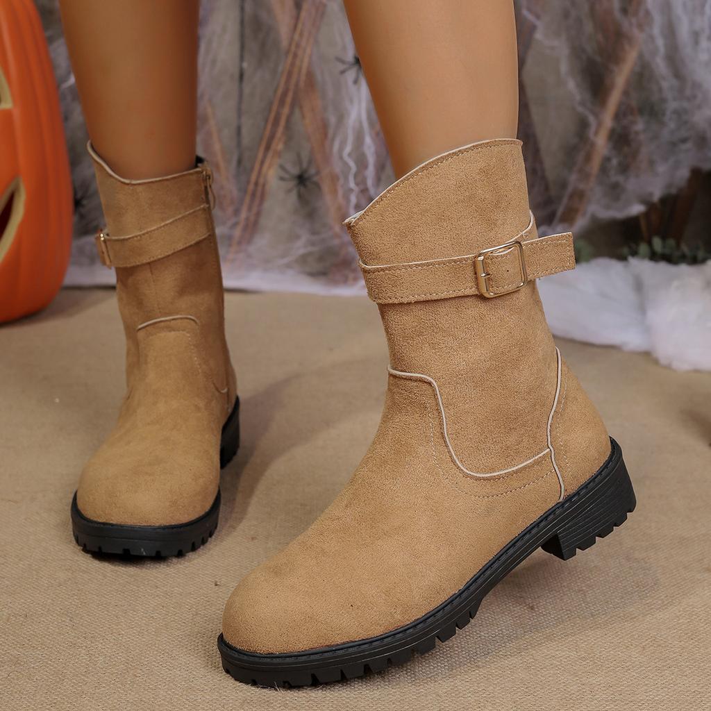 Autumn and winter new round head side zipper low heel large size short boots belt buckle Martin boots