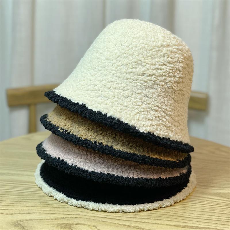 Black White Edge Knitted Plush Fisherman Hat for Women Autumn and Winter New Style Large Head Circumference Bucket Hat Japanese Style Small Face