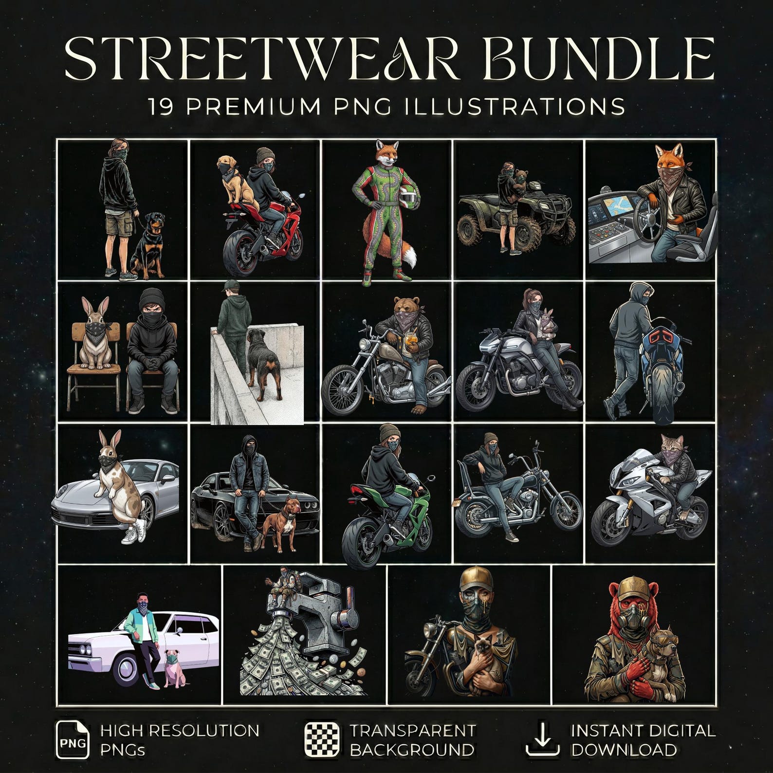 Streetwear PNG Bundle | Urban T-Shirt Designs | Techwear Clipart | Dark Street Graphics | Print On Demand Commercial Use 3XL