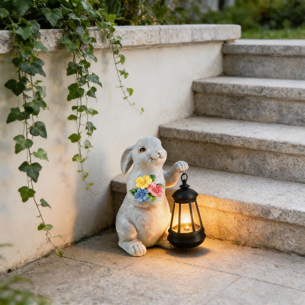 Adorable Rabbit Sun Lamp Sustainable Resin Statue Great For Lawn Tabletop Holiday Season Gift Choice