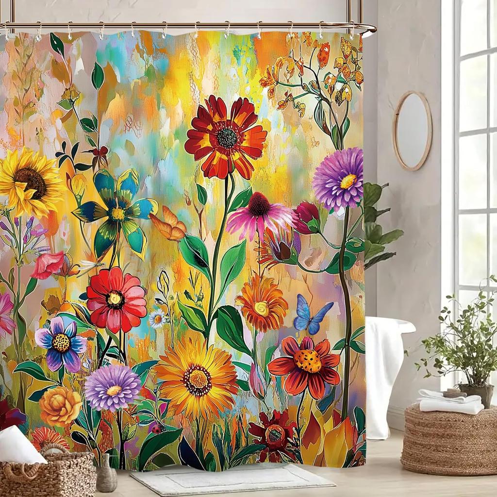 Colorful Flower Blossom Vintage Shower Curtain Set 60Wx71H Inches Art Oil Painting Retro Botanical Polyester Waterproof