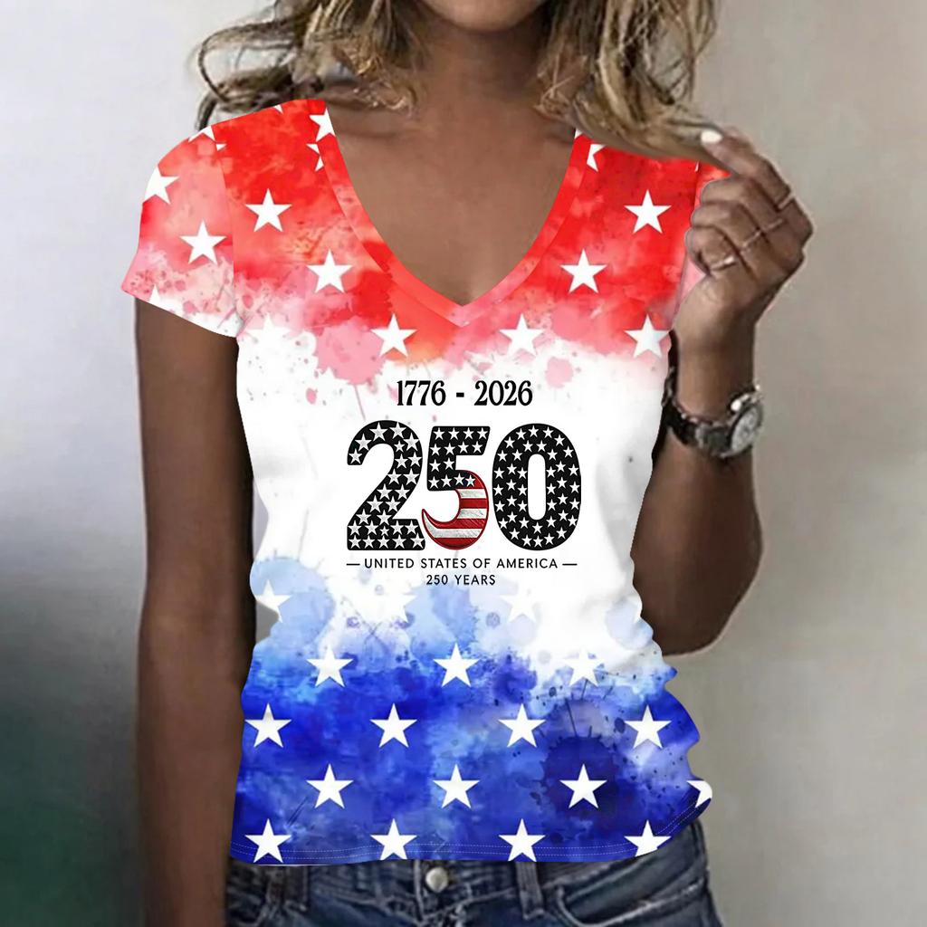 Women V Neck Short Sleeve Lightweight Top USA Patriotic Print Independence Day Casual Tee Shirt