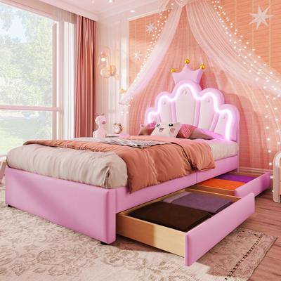 Children's Bed Girls Crown Single Bed with Adjustable Headboard, LED Strip, Slat Base and 2 Drawers, Made of PU Leather  (without Mattress), Pink