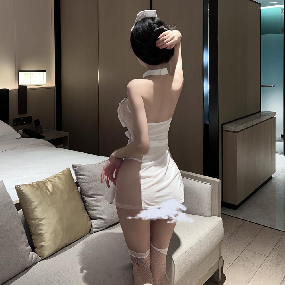 Nurse Sexy Cosplay White Sheer Extreme Erotic Cute Uniform Shoulder Off Headband Bow Tie Fishnet Tights 4 Piece Set One Size Fits Most [YAISHN]