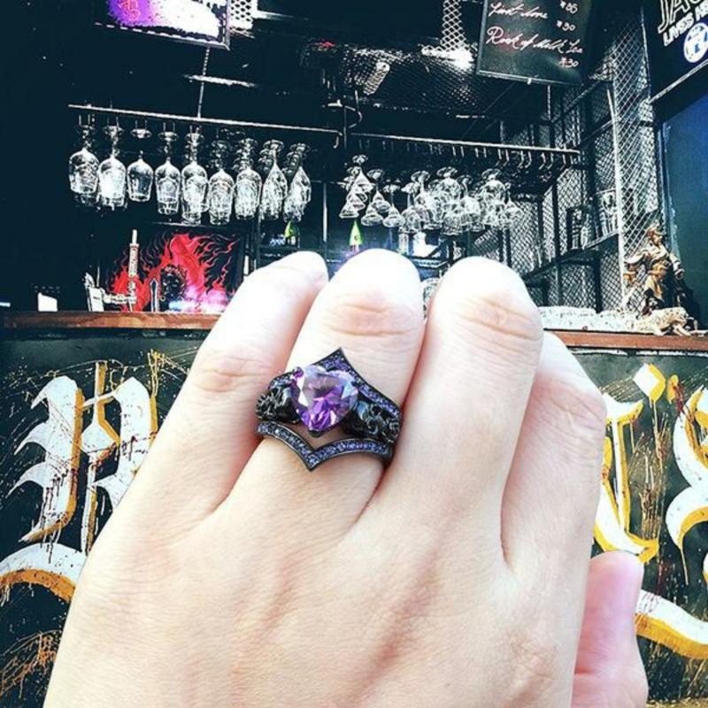 Gothic Black Rose Flower Skull Engagement Rings Set Red Purple Heart Zircon Crystal Jewelry Halloween Gifts