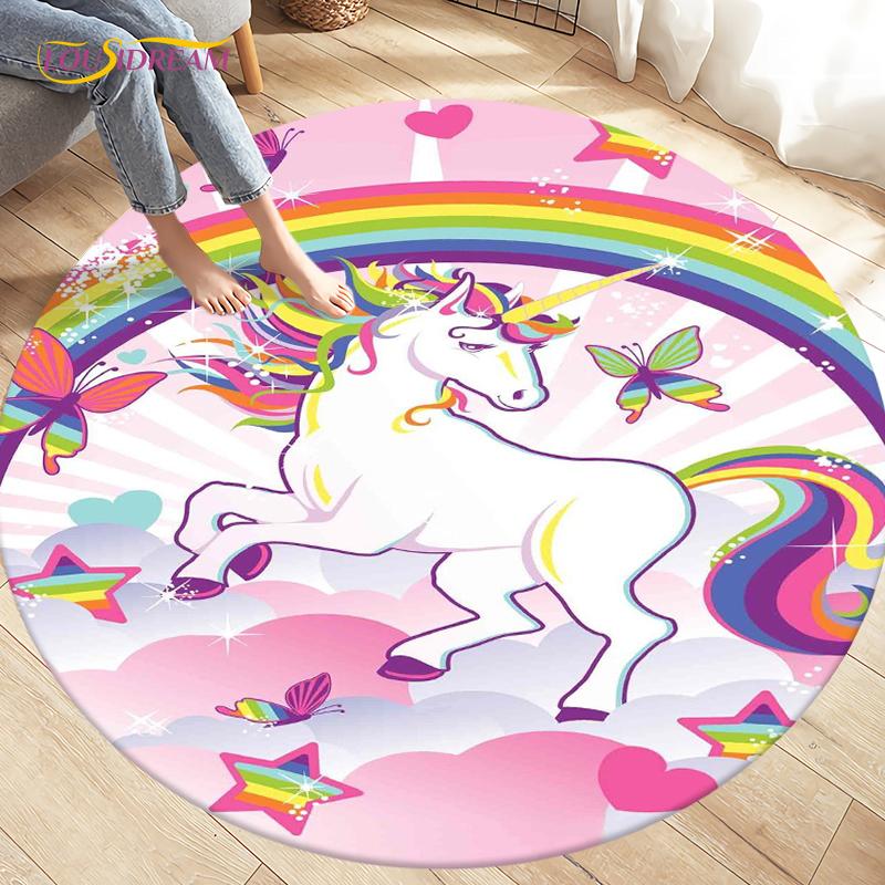 Children's Cartoon Cute Unicorn Animals Area Rug Round Carpets Rugs for Living Room,Kids Play Crawling Soft Non-slip Floor Mats