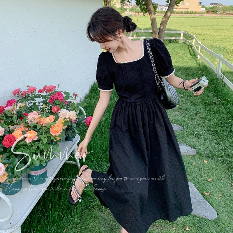 

2025 Black French Vintage Summer Dress: Square Collar, Hepburn Style Small чёрный