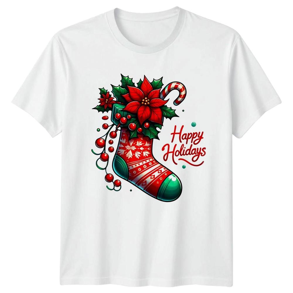 Happy Holidays Christmas Stocking Poinsettia Holidays Unisexs Unisexs Graphic Tee S