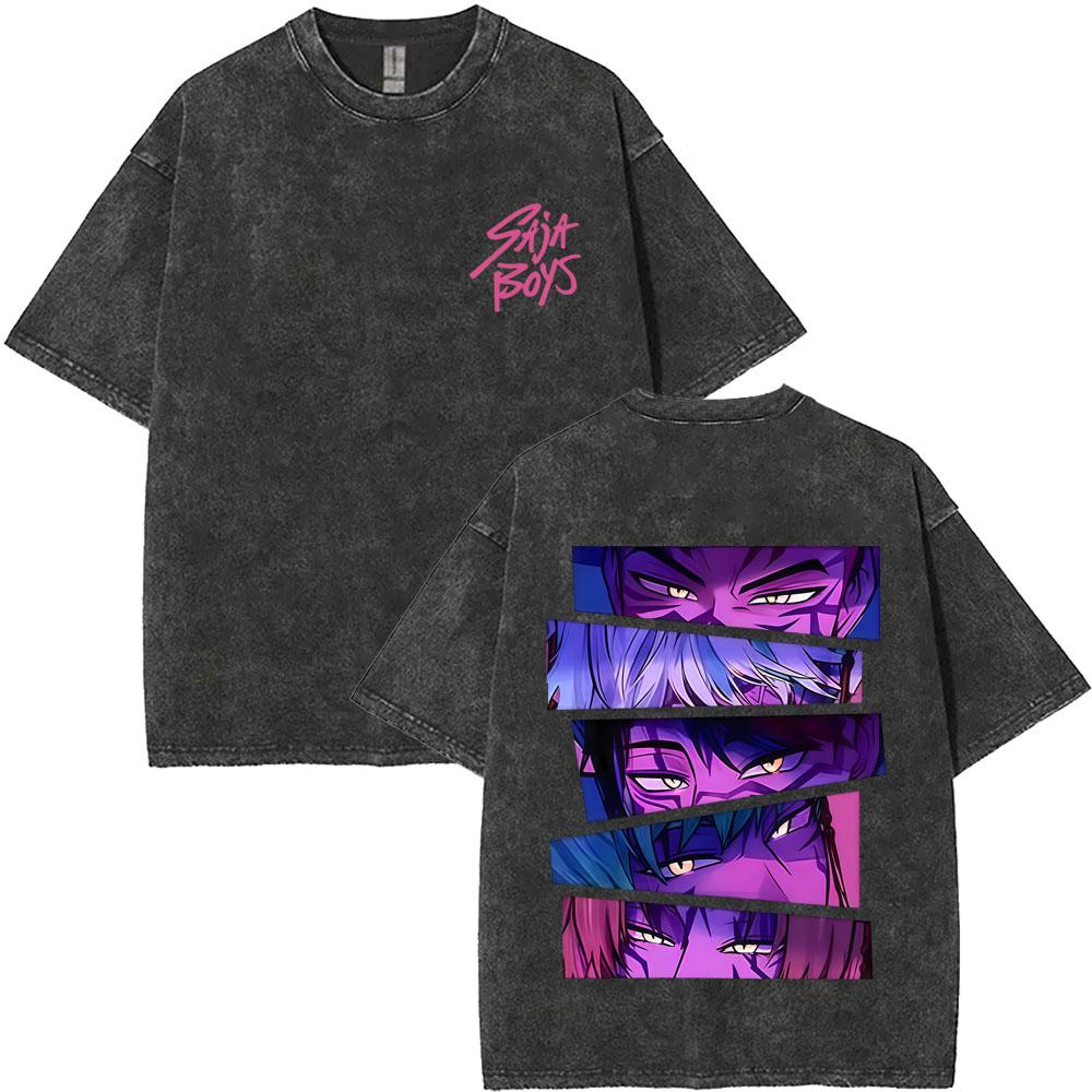 T-shirt Homme Femme Vintage Lavé Film KPop Chasseurs de Démons Saja Boys Impression Graphique T-shirts Coréens Streetwear