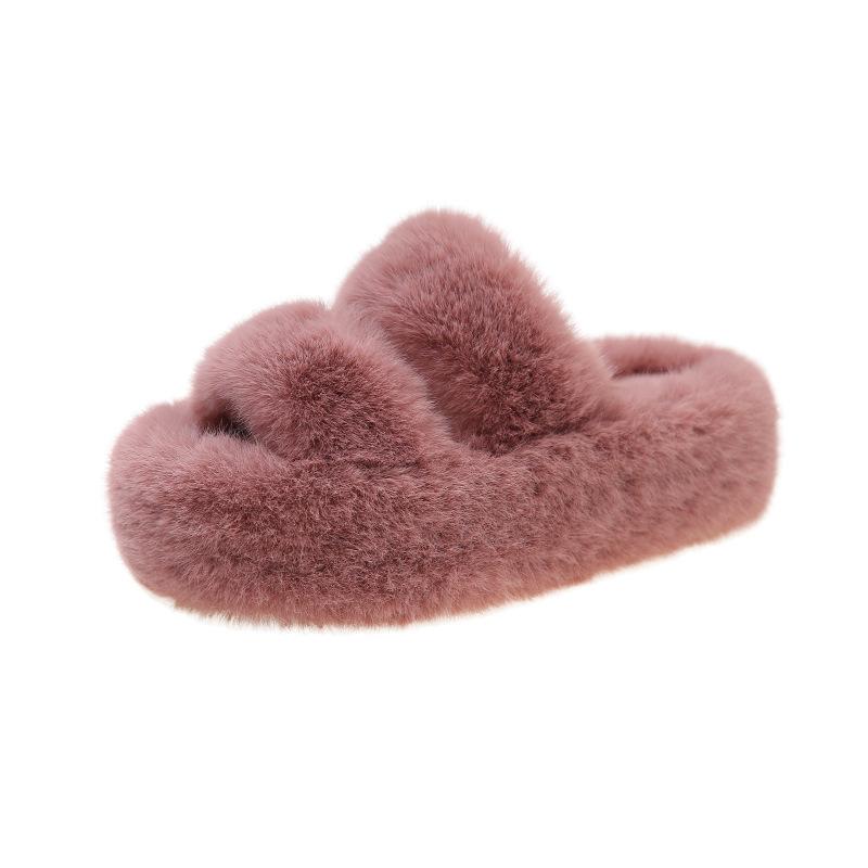Mao Mao slippers women's autumn and winter outer wear warm thick-soled one-word slippers plush drag casual double-belt cotton slippers