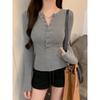 Damen Sexy V-Ausschnitt Knopf Langarm Schlankes T-Shirt