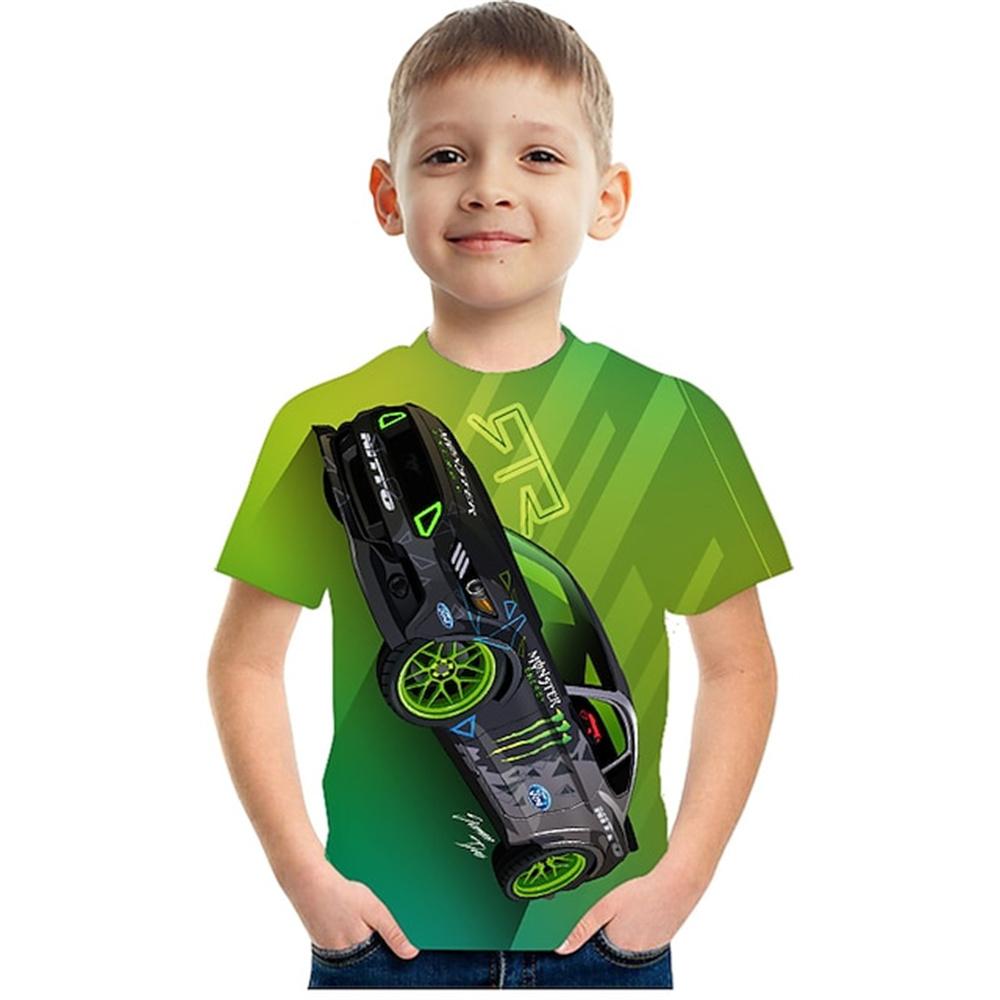 Summer Round Neck 3D Cool Racing Car Graphics Printed Top Fashionable Casual Short Sleeved Children's Boy T-shirts