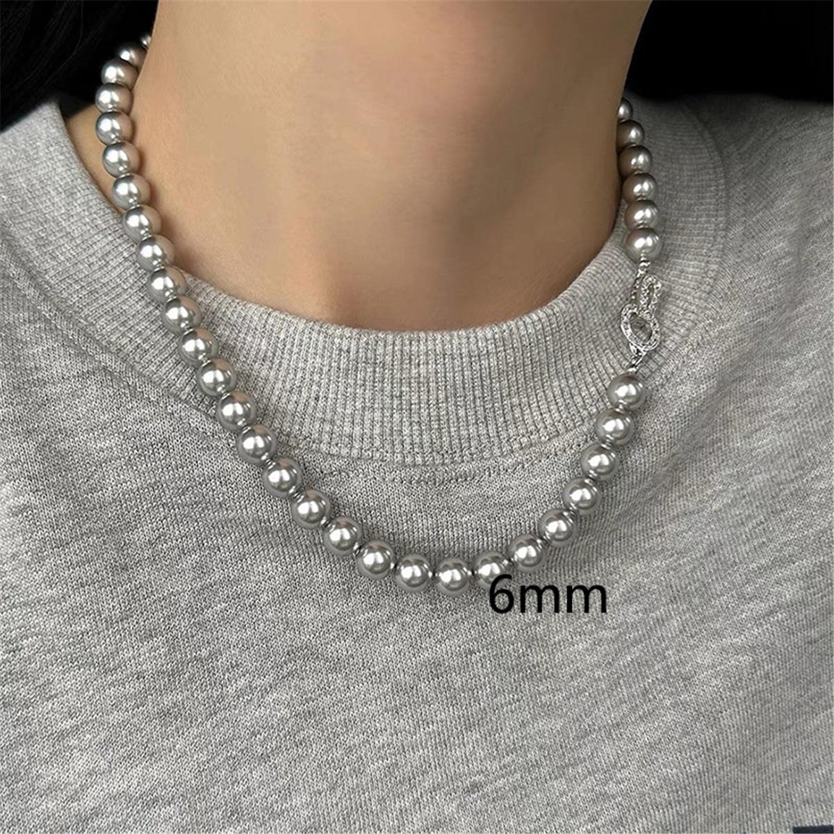 

Tooxika French Vintage Encrusted Diamond Button Head Silver Grey Pearl Necklace Luxury Fashionable Versatile Jumper Chain For Women 6mm