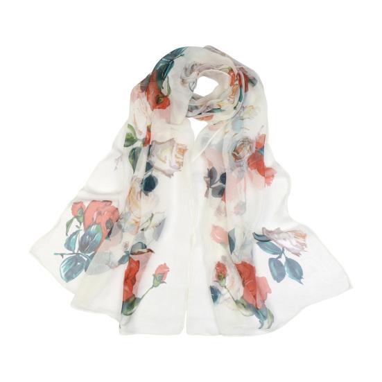 Women Faux Silk Scarf Flower Print Long Soft Scarf Sun Protection Beach Travel Outdoor Lightweight Shawl