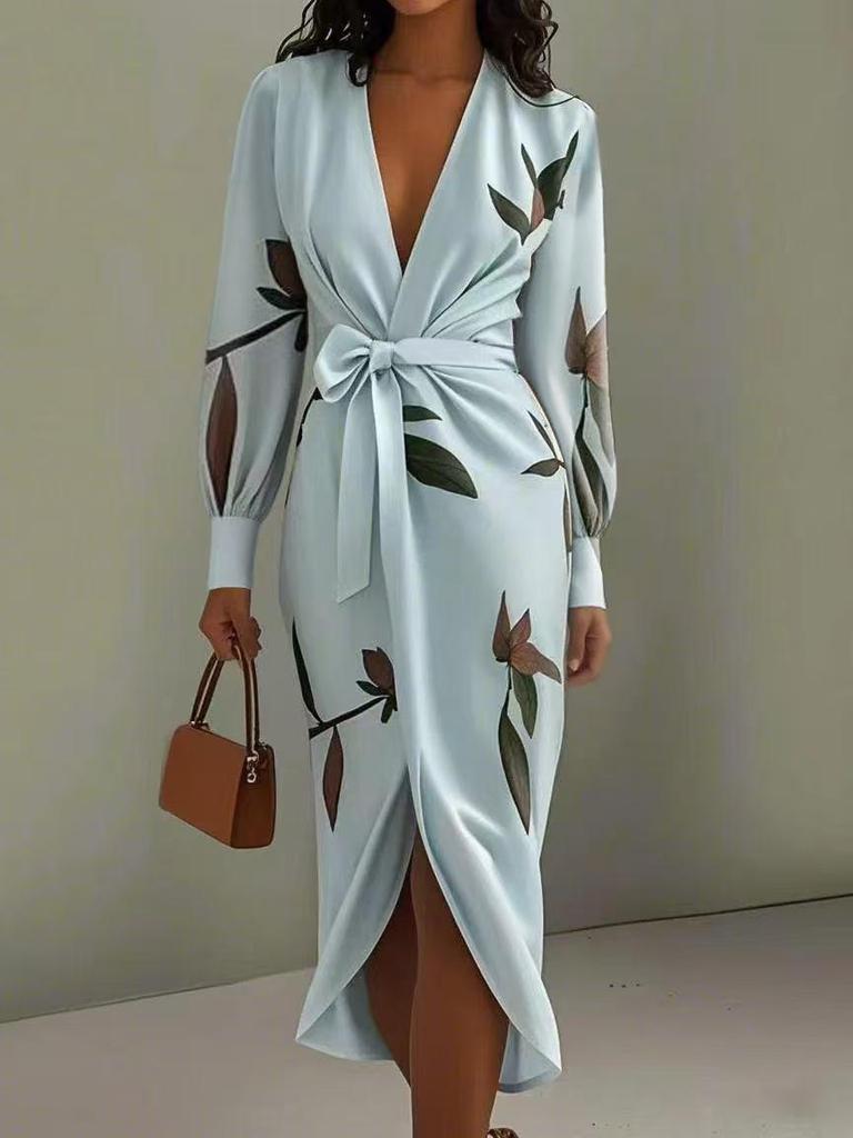 2025 European & American Women's V-neck Long Sleeve Lace-up Print Long Dress