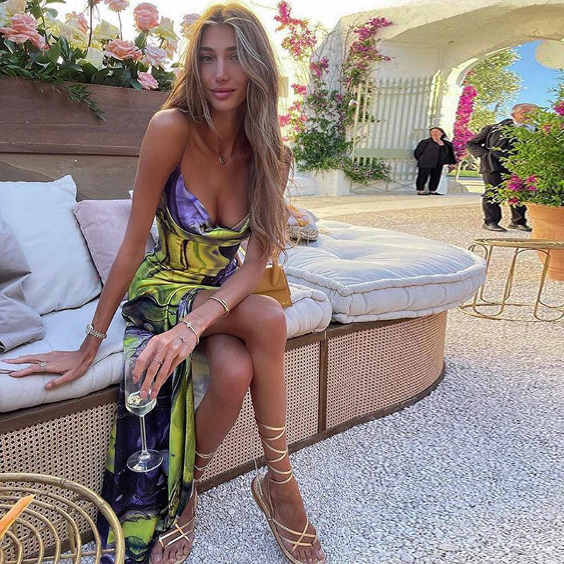 2025 Summer European & American Style Slim-Fit Printed Backless Tube Top Dress