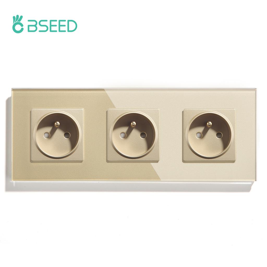 BSEED 1/2/3Gang Touch Light Switches 1Way With French Sockets Type-c USB Wall Power Outlets Glass Panel Blue Backlight Gold