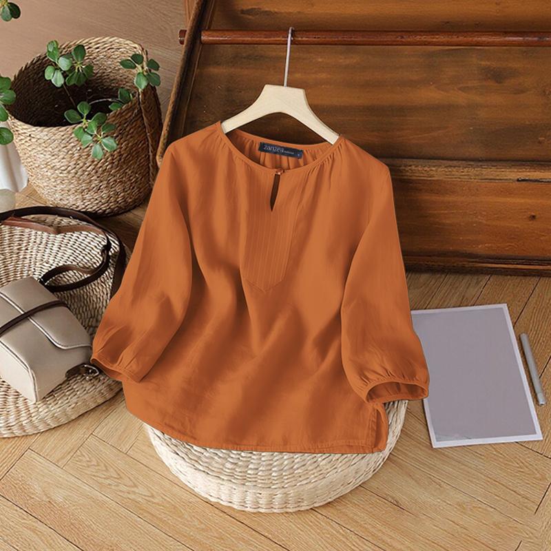 ZANZEA Women Casual Round Neck Solid Color 3/4 Sleeve Loose Blouse