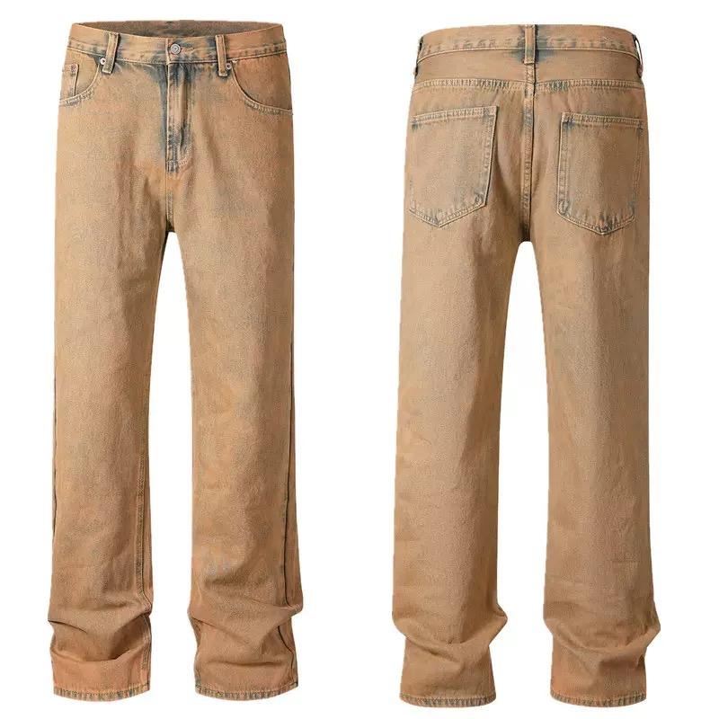 RogueWave High Street Straight Washed Dirty Ripped Blue Jeans Pants for Men Vintage Casual Loose Denim Trousers Frayed Patchwork Cargos
