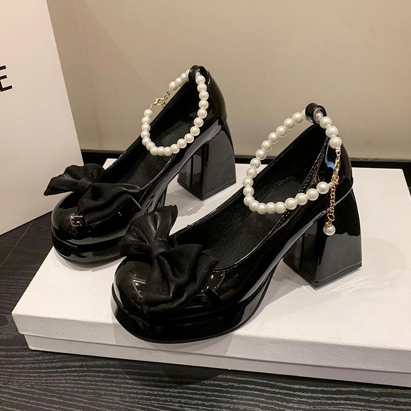 Mary Jane shoes women's thick heel 2025 autumn shallow mouth bow single shoes fairy style French lady high heels