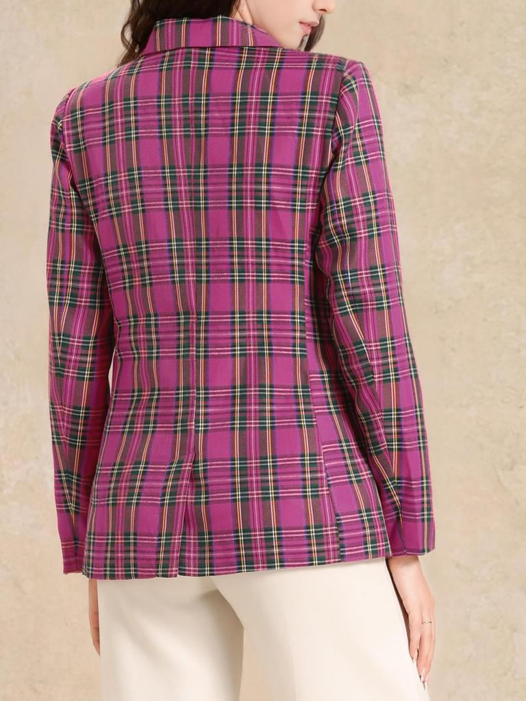 Allegra K Christmas Checkered Jacket, Tailored Blazer, Outerwear for Spring/Autumn, Office Casual, Women's, Hot Pink, Size S