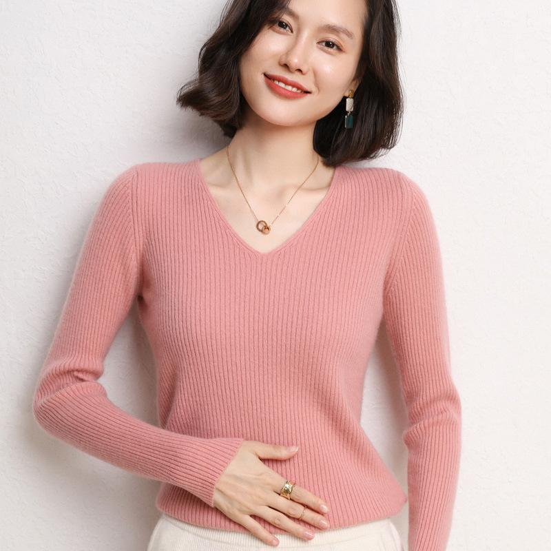 V-neck Knitted Sweater Women's Spring and Autumn Women's Sweater Slim-fitting Solid Color Knitted Long-sleeved Bottoming Versatile Short Top