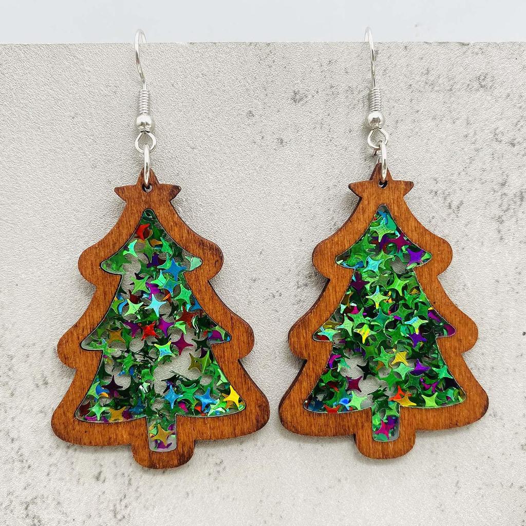 Christmas Tree Wooden Earrings with Acrylic Sequins - Festive Holiday Jewelry