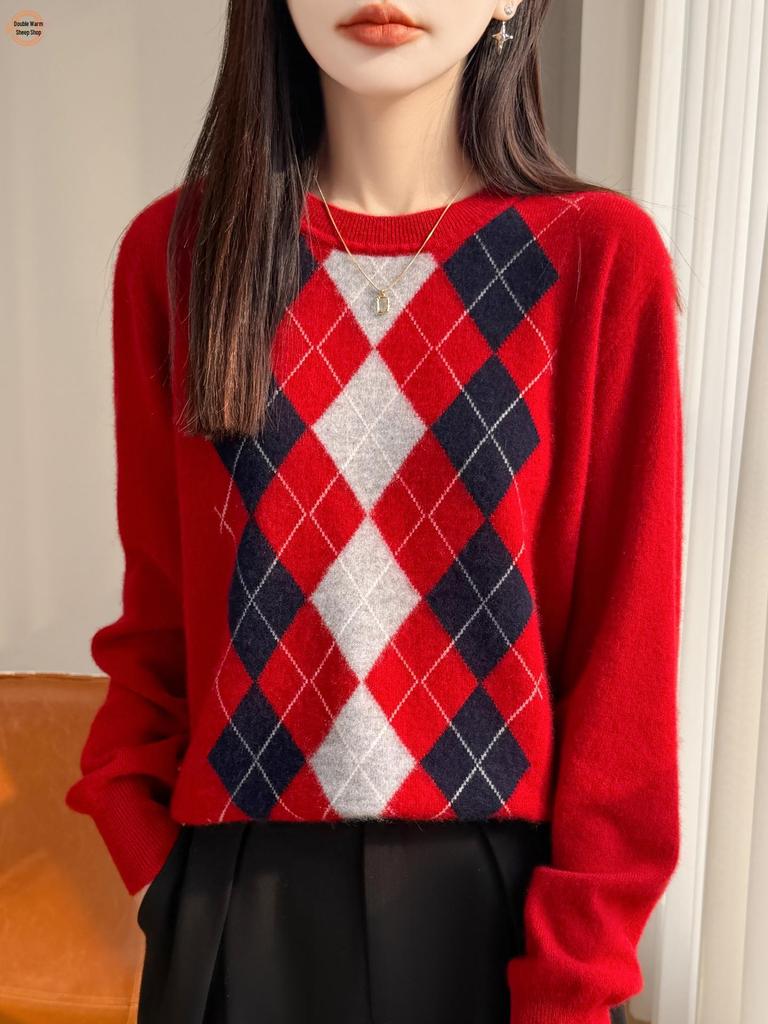 Vintage Argyle Wool Knit Sweater for Women - Slimming, Warm, Anti-Aging, Long Sleeve, Round Neck