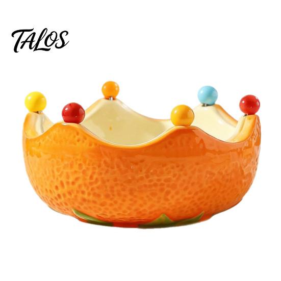 Fruit Plate with Fruit Fork, Ceramic Fruit Bowl, Orange Decorative Snack Serving Dish, for Kitchen Counter And Dining Table