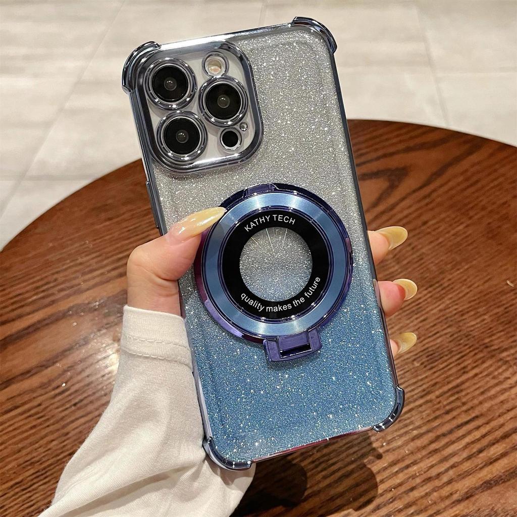 iPhone 15/16 Gradient Glitter Case mit Vier-Ecken-Schutz und magnetischem Ständer