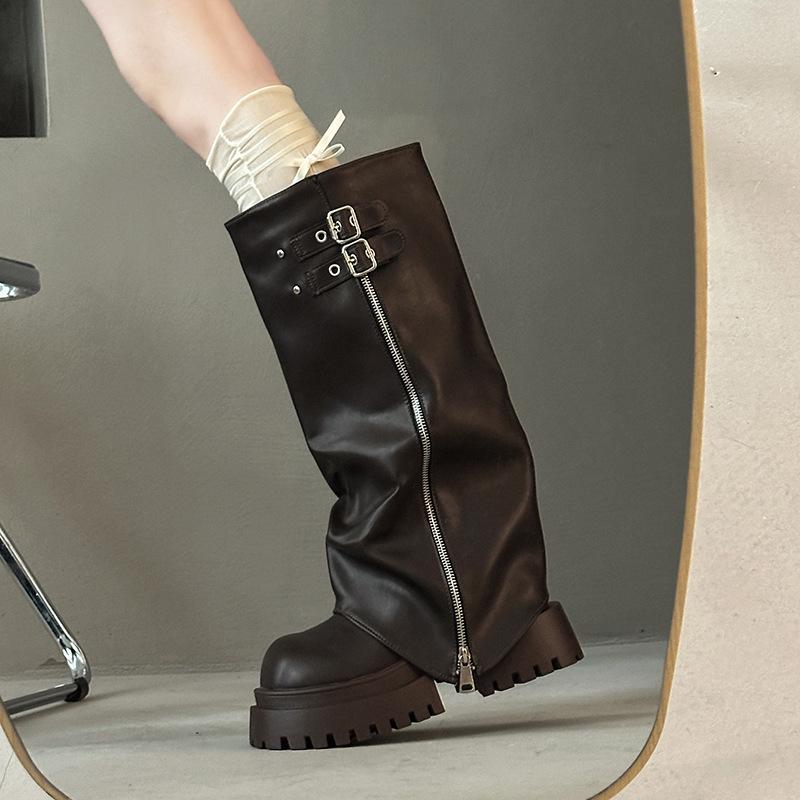 Pant Pants Boots Knight Boots Fashion Autumn New Versatile Folded Belt Buckle Thick-soled Heightening Boots Women