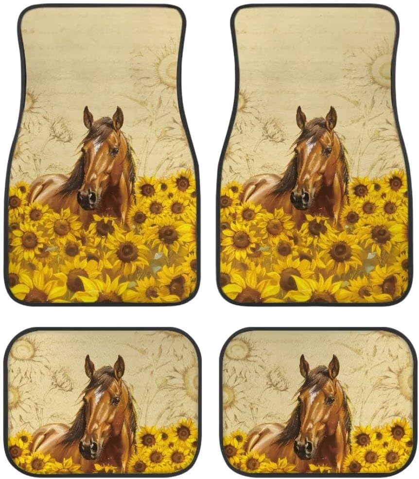 Van Car Interior Accessories 4-Piece Car Protector Mat Highland Cow Sunflowers Print All Weather Car Floor Mats Universal Fit Automotive SUV Sedan