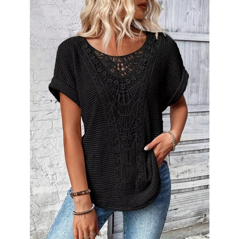 Lace Splicing Crew Neck T-shirt, Casual Short Sleeve Top For Spring & Summer, Women's Clothing
