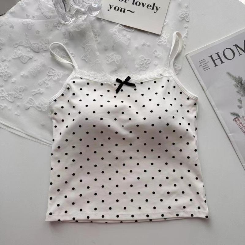 Damen Sommer Süß Gepunktet Spitze Rand Trägertops Schleife Innenschicht Unterhemd mit BH-Pad Schlank Rückenfrei Sexy Basic Crop Top