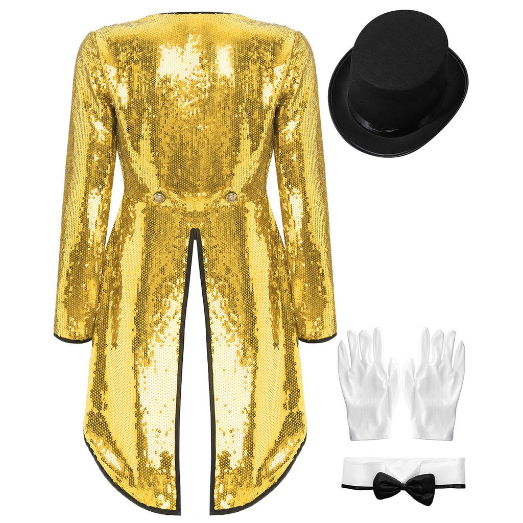 Womens Magician Costume Set Long Sleeve One Button Patchwork Sequin Tailcoat Hat Bow Collar Gloves Halloween Cosplay