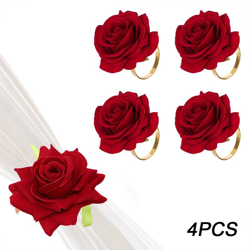 4pcs/Set Polyester Unique Simulated Rose Romantic Tableware Ornament Napkins Clasp Decorative Accessories