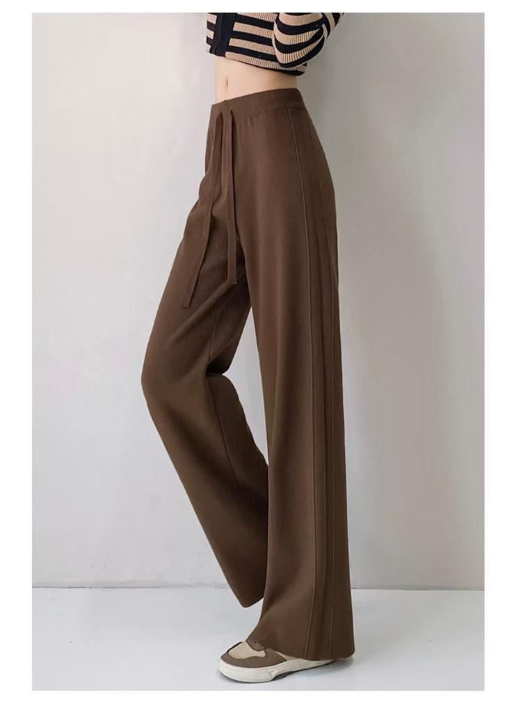 Women's Korean Style High Waist Wide-Leg Knit Pants - Autumn/Winter Fashion, Floor-Length, Straight-Leg Design