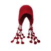 Red Hand woven Tassel Ball Wool Hat for Women Warm Ear Protection Straps Knitted Hat  Large Head Circumference Pullover Hat