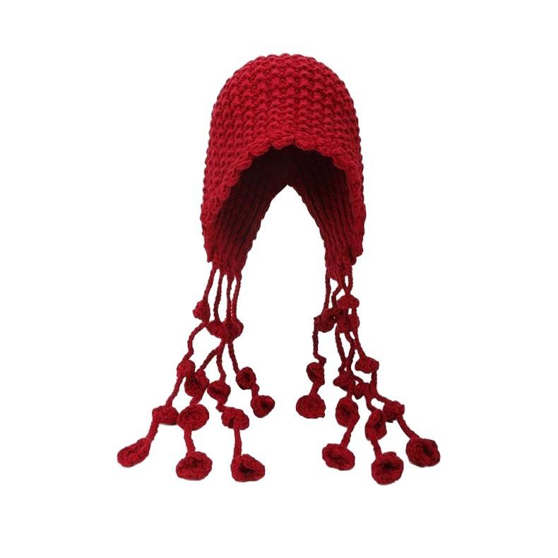 Red Hand woven Tassel Ball Wool Hat for Women Warm Ear Protection Straps Knitted Hat Large Head Circumference Pullover Hat