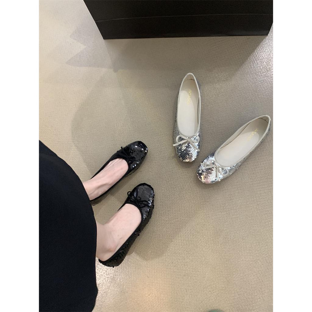 Xiaoxiangfeng Silver Sequined Single Shoes Women's 2025 New Bow Ballet Square Head Flat Bottom Ladyshoes Lazy Doudou Shoes