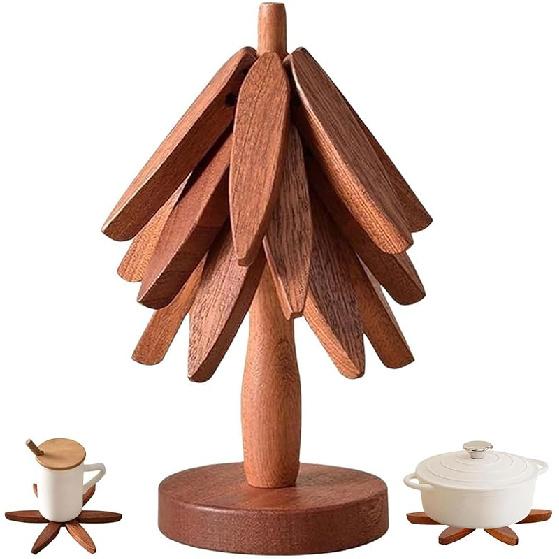 Wooden Tree Trivets for Hot Dishes - Set of 4 with Stand, Natural Foldable Kitchen Trivets for Pots, Pans, Bowls & Teapots - Walnut Walnut-3