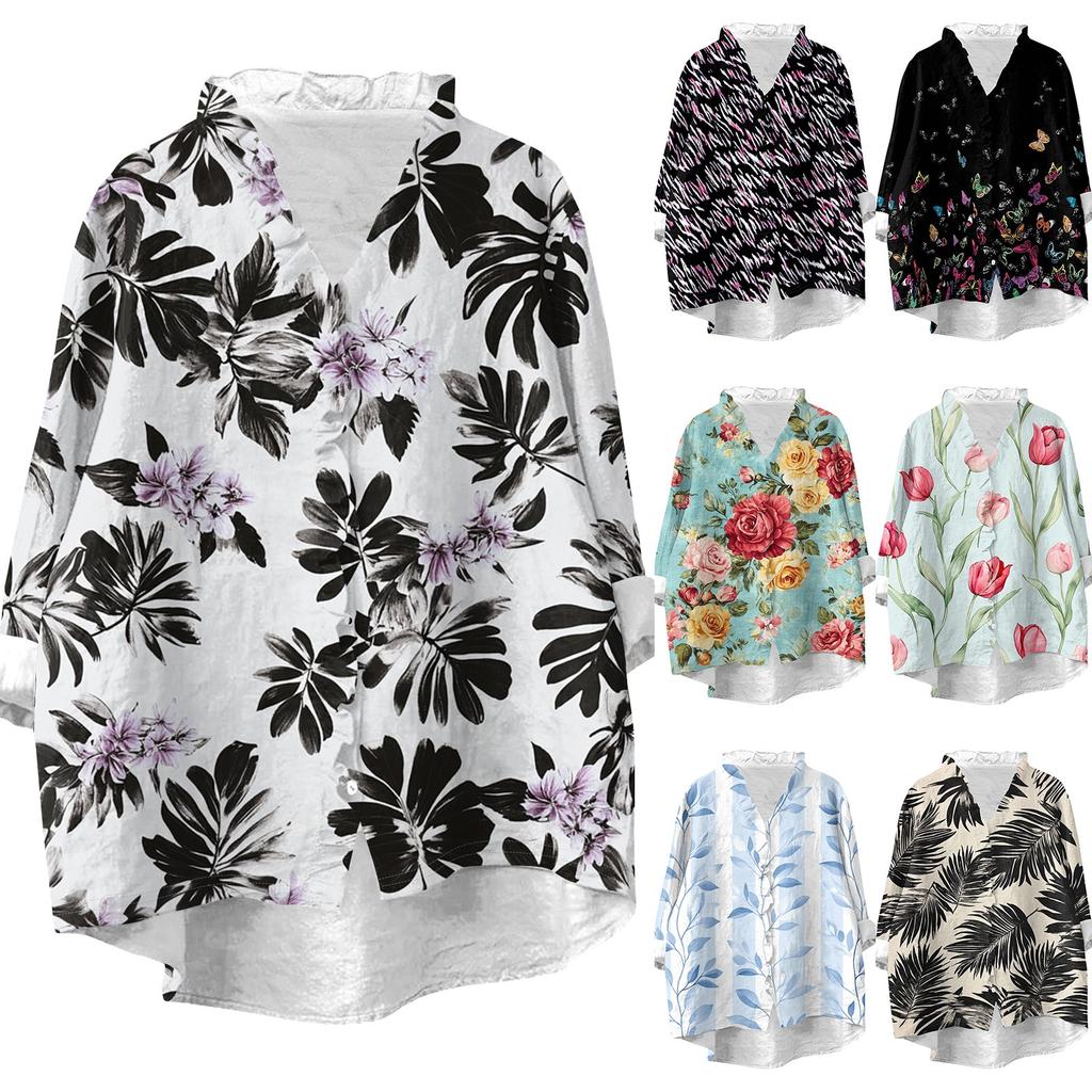 Women's Loose Ruffled Retro Floral Print Stand Collar Long Sleeve Cotton And Linen Top